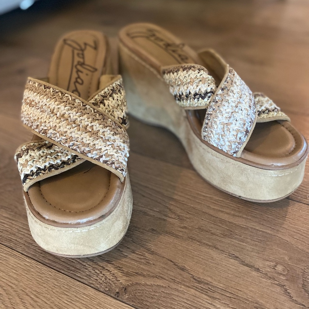 Zodiacs Women's Nessa-Raffia Ivory Fauve sued woven platform shoes
